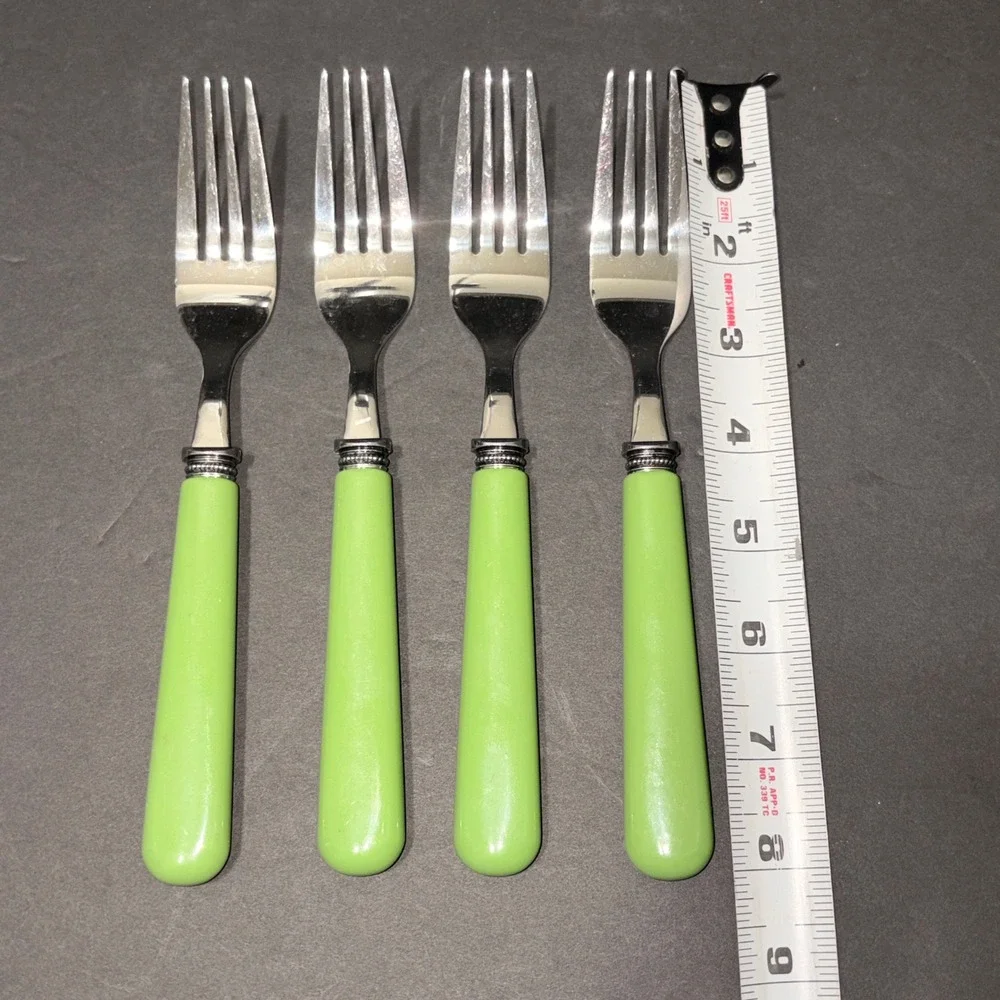 Set/4 Light Green Resin Handle Stainless Steel Dinner Forks Beaded Bolster 7.75